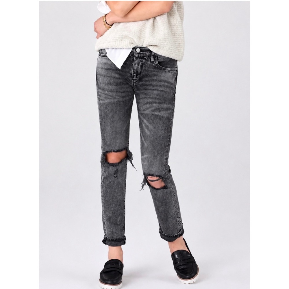 Anthropologie Pilcro Slim Boyfriend Jean Acid Wash Black Gray Distressed Size 28